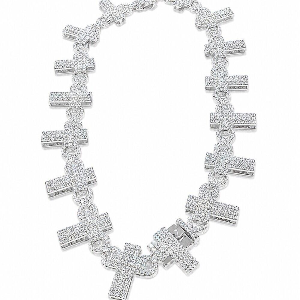 Unbranded Necklace 18in Silver Iced Out Cross Link Chain Hip Hop Bling